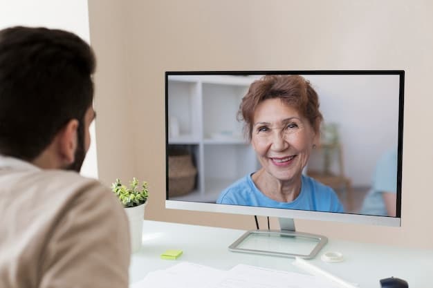 A split screen video call showing a therapist and a patient. The therapist is in a well-lit office while the patient is in a cozy living room in a rural home. Both are smiling warmly and engaged in a conversation.