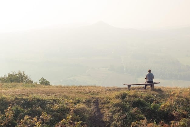 A serene outdoor scene depicting a rural landscape with rolling hills and a clear blue sky. A person is sitting on a bench, seemingly lost in thought, surrounded by nature.