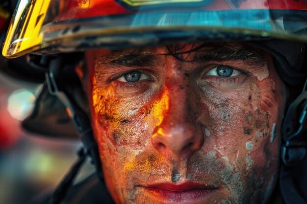 A close-up shot of a firefighter's face. The firefighter's eyes are conveying exhaustion and sadness. Smudges of soot darken the face.