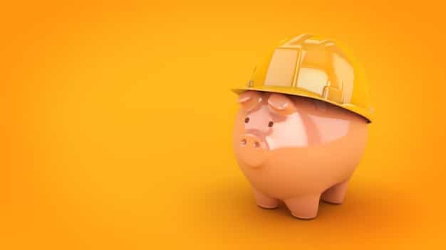 A piggy bank wearing a small helmet and shield, sitting on a stack of money. Background shows a chart going up, symbolizing financial safety and protection.