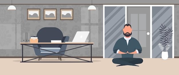 An employee calmly meditating during a break in a quiet space in an office, promoting mindfulness and stress reduction practices at work.