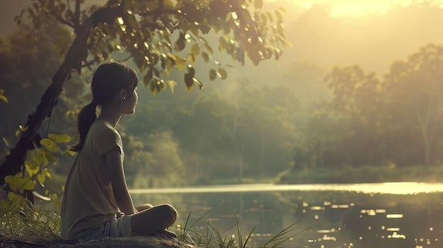 A person meditating in a serene setting, demonstrating strategies to build emotional resilience after experiencing childhood trauma. The image should be calming and visually appealing.