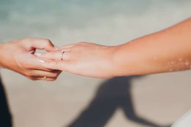 A close-up shot of two hands clasped together, with wedding rings visible. The background is a soft, blurred image of a couple walking on a beach at sunset.