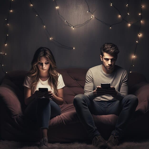 A couple sitting on a couch, facing away from each other, both looking at their phones with a gloomy expression. The room is dimly lit and cluttered, emphasizing the disconnection between them.