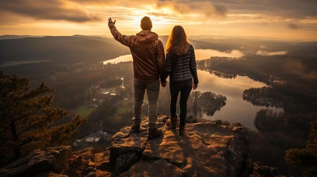 A couple standing on a mountaintop, holding hands and looking out at a breathtaking landscape during sunset. They are smiling and appear adventurous and happy, emphasizing their shared experience.