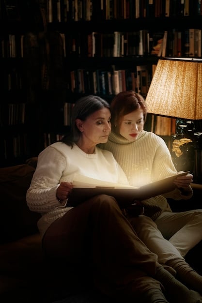 A couple sitting close together on a couch, reading books side-by-side, with a warm lamp illuminating the scene. A peaceful and intimate moment.