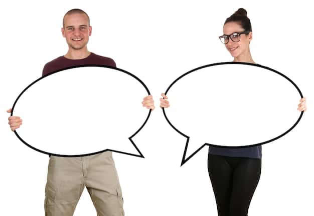A depiction of two separate thought bubbles or speech bubbles, one coming from a person and the other coming from their partner, but they are both clearly separated and not infringing upon one another.