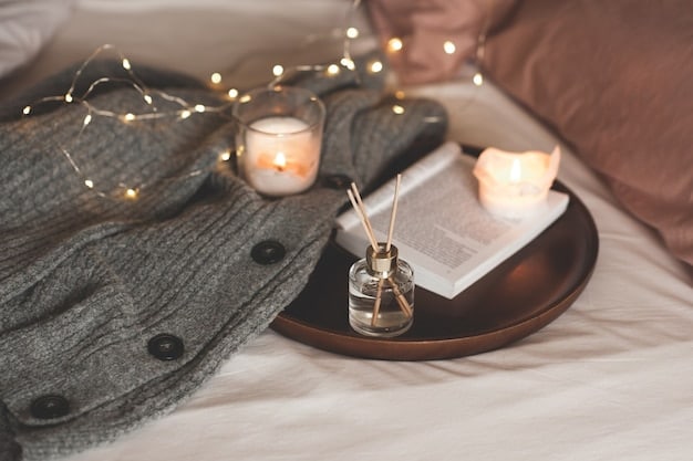 A dimly lit bedroom with soft, romantic lighting, focusing on a set of scented candles and massage oils arranged on a bedside table, creating an inviting and sensual atmosphere.