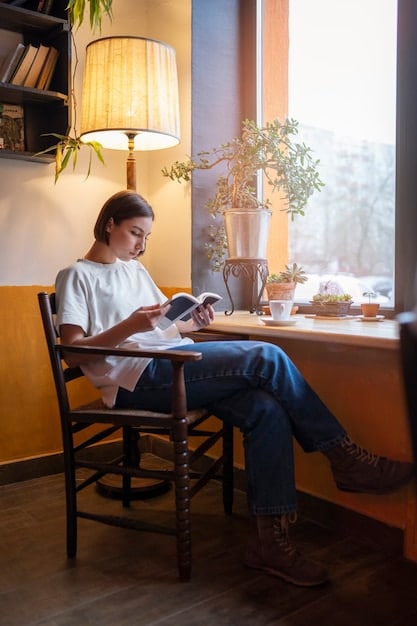 A person reading a book in a comfortable chair, with a cup of coffee nearby. The room is inviting, and the focus is on relaxed learning and absorption of knowledge.