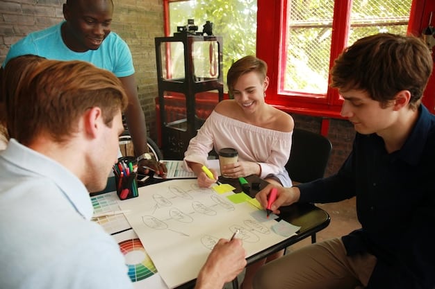 A group of people collaborating around a table, discussing ideas and looking at a whiteboard filled with notes and diagrams. The atmosphere is energetic and collaborative.
