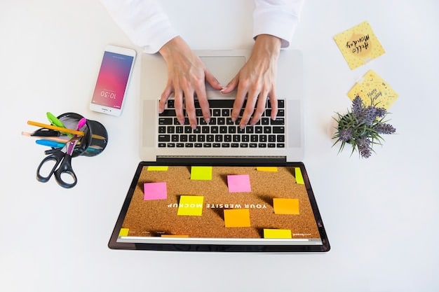 A person sitting at a desk, surrounded by sticky notes outlining a microlearning plan. They are using a laptop, and the scene conveys focus and organization in planning a learning strategy.