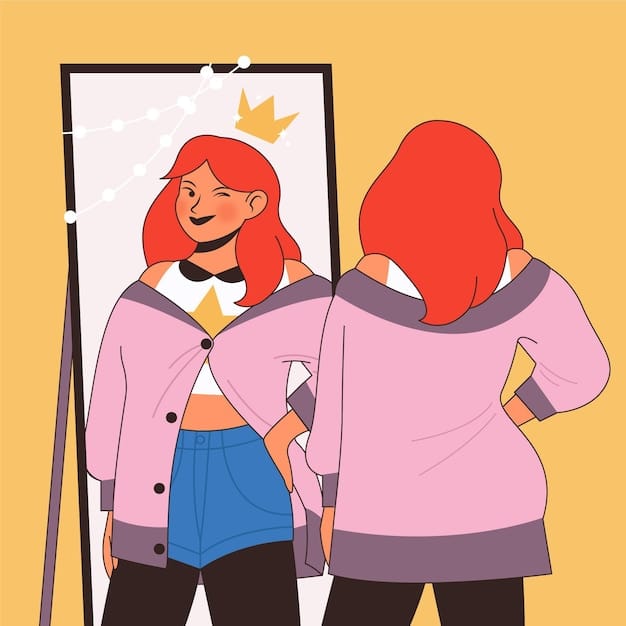 A person looking in a mirror and seeing a confident, empowered version of themselves looking back, symbolizing the power of positive self-talk and self-perception.