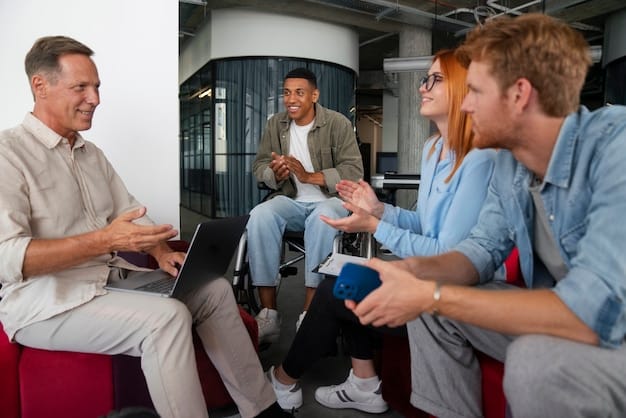 A group of colleagues engaged in a brainstorming session, with one individual actively listening and nodding in understanding as another speaks. Post-it notes cover a whiteboard, illustrating the generation of ideas and collaboration.