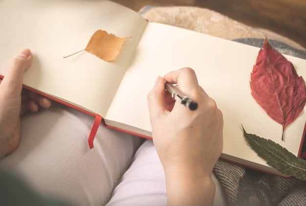 A close-up image of hands holding a pen, delicately writing in a journal. The focus is on the act of writing, emphasizing mindfulness and the connection between thoughts and the written word.