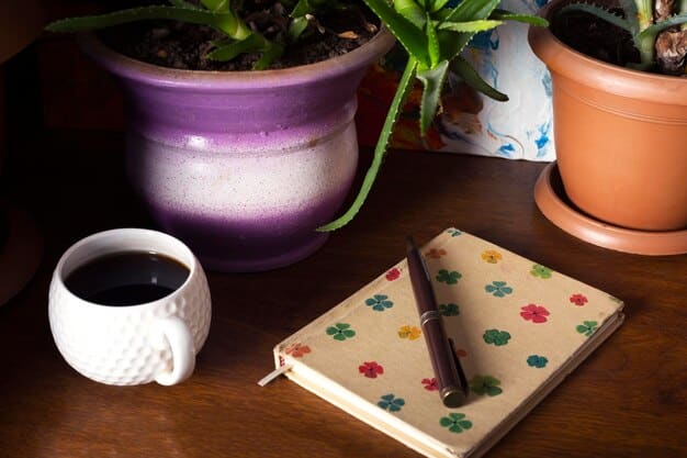 A desk setup with a journal, pen, and small potted plant. The lighting is soft and natural, creating a cozy and inviting atmosphere conducive to journaling.