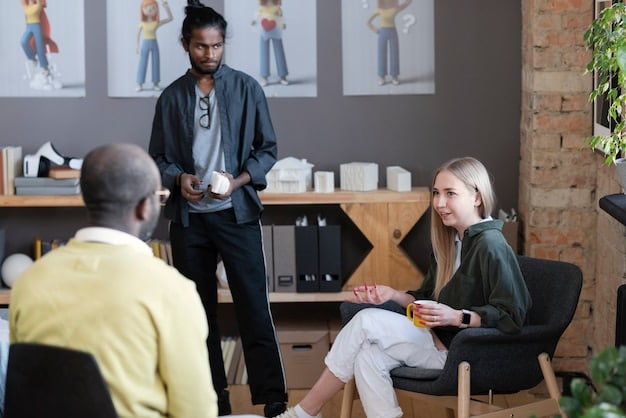 An introvert confidently leading a small team meeting in a modern office, actively listening to colleagues and providing thoughtful feedback, demonstrating effective communication skills.