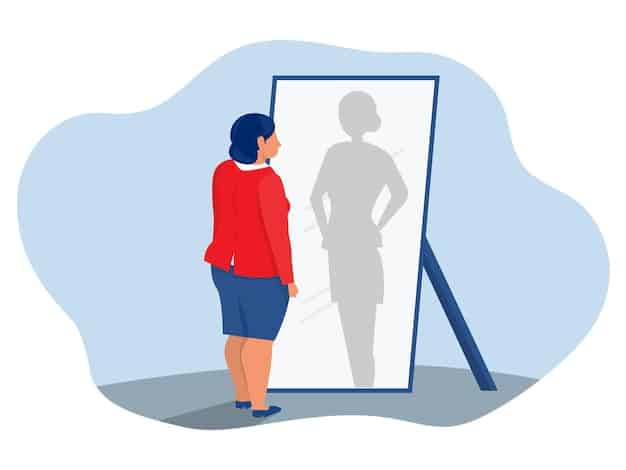 A person standing in front of a mirror, seeing a stronger, more confident version of themselves reflected back, symbolizing self-perception, positive self-image, and overcoming inner doubts.