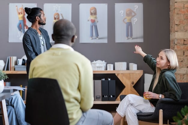 An individual giving a presentation with confidence and poise, demonstrating strong communication skills and leadership. The setting is a modern office, with a diverse audience listening attentively.
