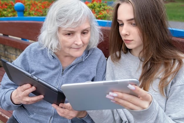 A young woman is teaching a senior citizen how to use a tablet device. They are both smiling, and the scene is set in a community center with other people learning around them. The atmosphere is friendly and supportive.
