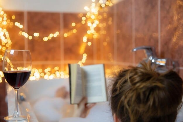 A person enjoying a warm bath with soft lighting, candles, and calming music, creating a relaxing and soothing atmosphere for bedtime.