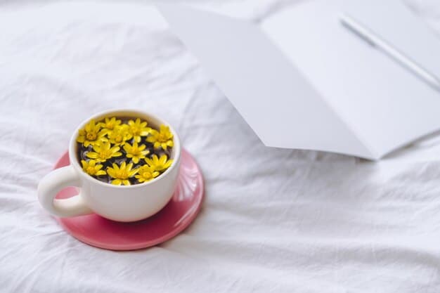 A close-up of a cup of herbal tea, such as chamomile or lavender, placed on a bedside table with a book and soft lamp, symbolizing a relaxing bedtime routine.