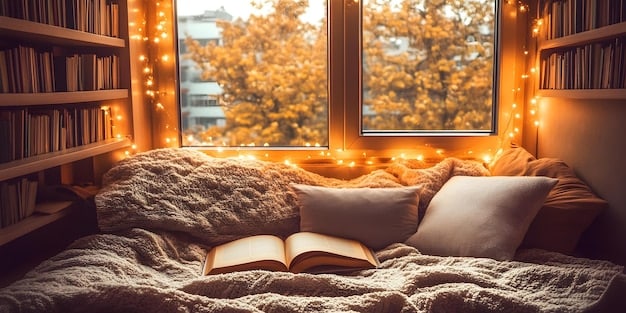 A cozy and inviting bedroom with soft lighting, featuring a comfortable bed, a bookshelf filled with books, and no visible electronic devices.