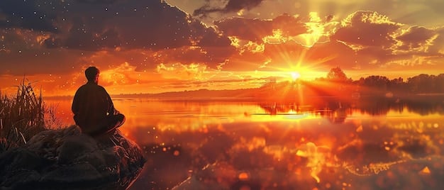 A person meditating in a peaceful environment, with rays of sunlight shining down on them, symbolizing mindfulness and inner peace.