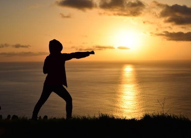 A person practicing Tai Chi in a park at sunrise, their silhouette outlined against the rising sun, creating a sense of calm and harmony.