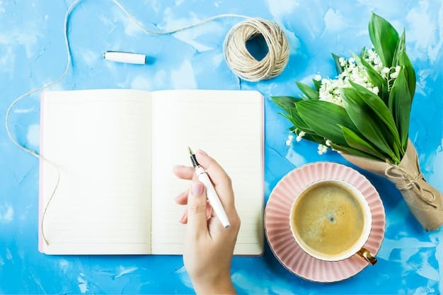 A person writing affirmations in a journal with a pen, surrounded by calming objects like a candle and a plant.