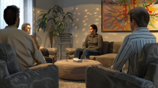 A person attending a group therapy session, actively listening and nodding in understanding. The setting is a brightly lit room with comfortable seating.