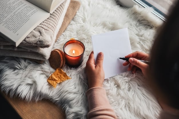 A person writing in a journal, surrounded by candles and relaxing items, reflecting on self-care and personal growth.