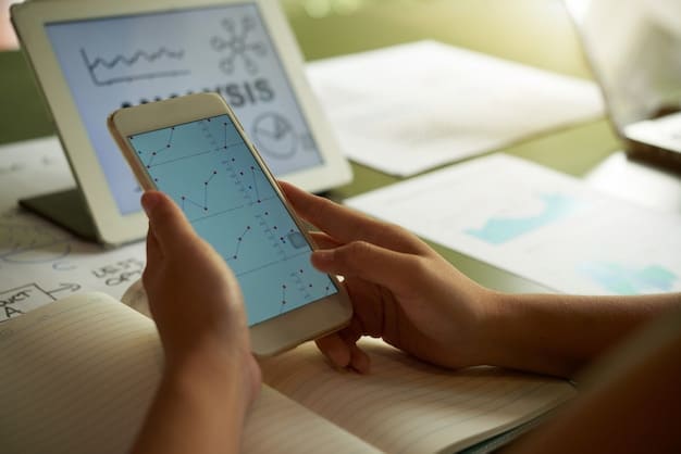 A person using a mobile app to track their mindfulness progress, with a focus on the charts and graphs showing reduced stress levels over time. The background is a blurred office environment.