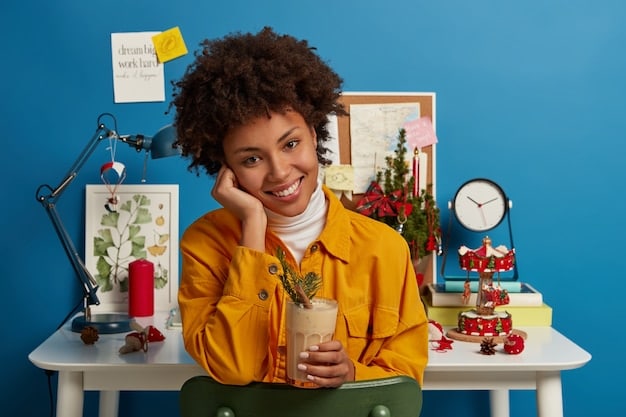 A person smiling and looking content, surrounded by books, art supplies, and other hobby-related items. They are clearly engaged in a fulfilling activity.