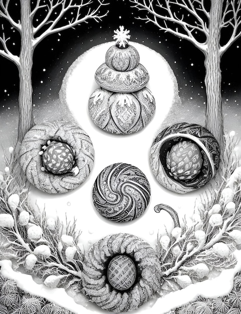 An illustration depicting various ancient symbols and celebrations associated with the winter solstice, such as Yule logs, evergreen wreaths, and depictions of Saturnalia feasts.