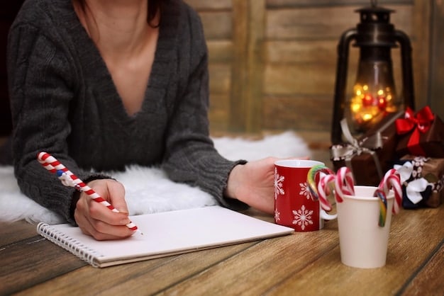 A detailed view of someone journaling, focusing on their hand writing about stress triggers during the holidays, with a warm cup of tea next to the journal.