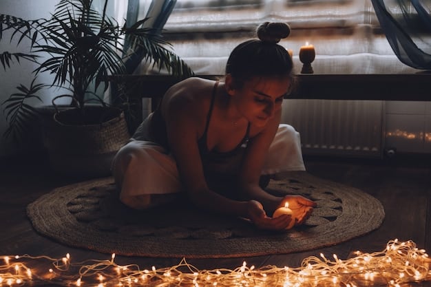 Someone practicing yoga in a quiet, warmly lit room, with candles and soft music playing in the background, representing self-care and relaxation.