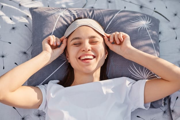 A person lying in bed, eyes closed, with a soft smile on their face, practicing mindfulness meditation. The room is dimly lit and cozy, with a warm blanket and soft pillows, creating a relaxing and inviting atmosphere.
