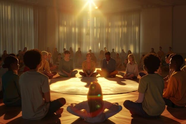A group of people sitting in a circle in a serene room, meditating under the guidance of a teacher. Soft lighting and calm expressions enhance the sense of peace and community.