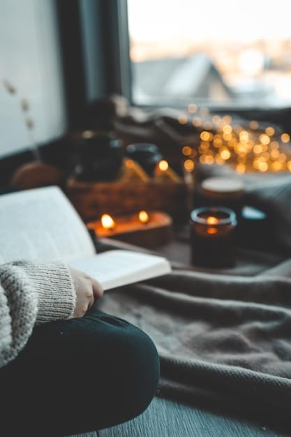 A person meditating in a cozy room with a journal and pen nearby, candles lit, and soft lighting, creating a peaceful and reflective atmosphere.