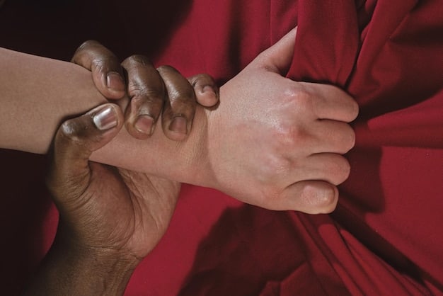 A close-up shot of interlocked hands, symbolizing connection and empathy. The hands are diverse, suggesting inclusivity and the universal nature of mindful communication. The background is a soft, neutral tone, highlighting the intimacy of the moment.