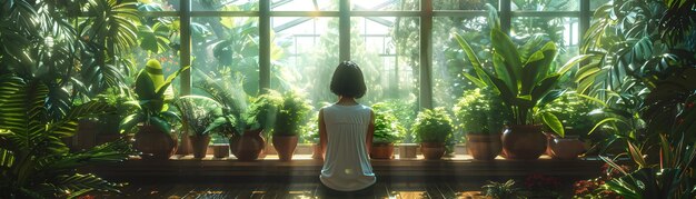 A person meditating in a peaceful setting, surrounded by plants, symbolizing inner calm and mindful presence. Sunlight streams through a window, creating a warm and inviting atmosphere.  The individual appears serene and focused, embodying the essence of mindful communication.
