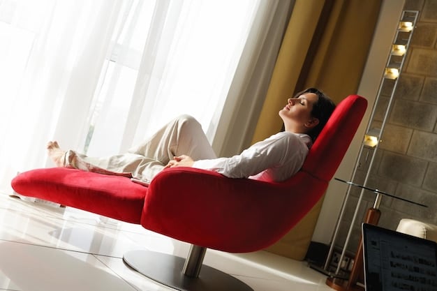 A person sitting in a comfortable chair, eyes closed, with a serene smile. They are surrounded by soft, natural light, and their hands are resting gently in their lap. The scene conveys a sense of peace and contentment.