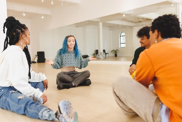 A diverse group of people participating in a guided meditation session, seated comfortably on cushions. Natural light, serene atmosphere, and smiles on their faces.