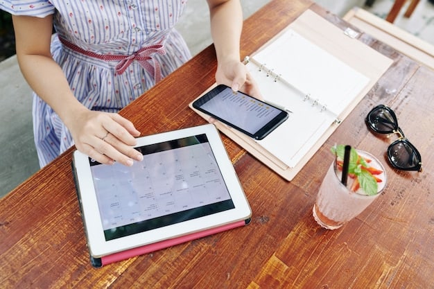 A person using a productivity app on their tablet to schedule tasks and set focus times, with a clear view of a calendar and task lists. The setting conveys a sense of organization and control.