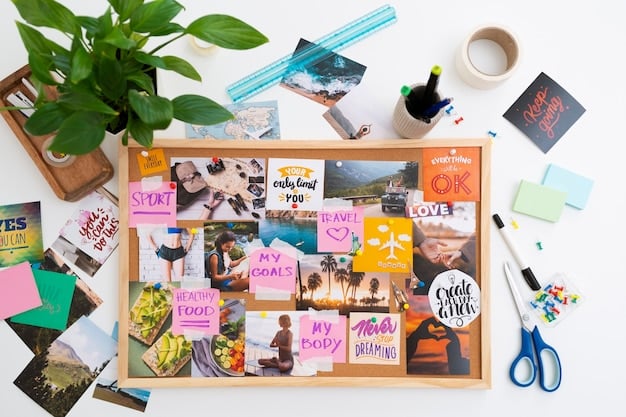 An image of a visually appealing goal-setting board with photos, inspirational quotes, and savings targets clearly displayed. The board includes sections for short-term and long-term goals, such as travel, education, and retirement.