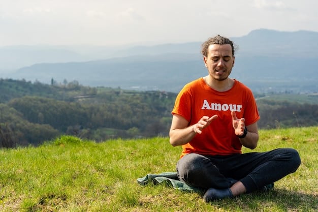 A person meditating in a serene setting, surrounded by nature. The person is smiling gently, with a look of peace and contentment.