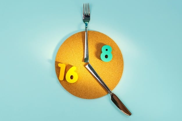 A visual representation of the 16/8 intermittent fasting method, showcasing an 8-hour eating window and a 16-hour fasting window, with icons of meals and clock symbols.