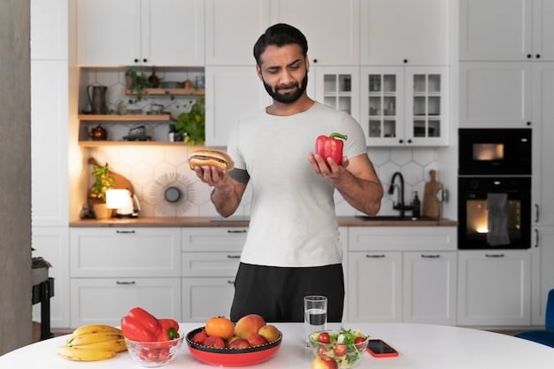 An individual preparing a vibrant, balanced meal with fresh fruits, vegetables, and lean protein, highlighting the role of nutrition in sustaining energy.