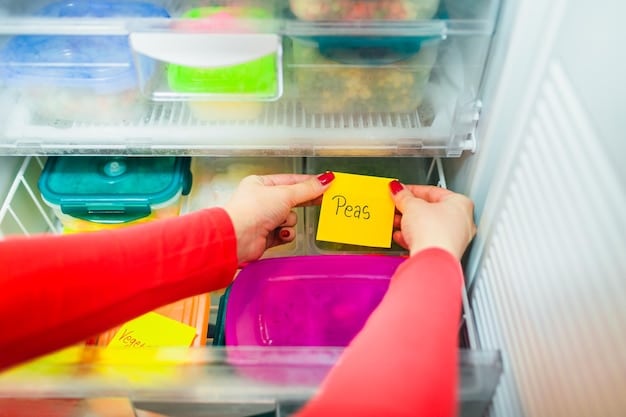 A well-organized refrigerator filled with labeled meal prep containers, showcasing a variety of colorful and healthy meals. The containers are neatly stacked on shelves, highlighting the ease and convenience of having pre-prepared meals readily available.