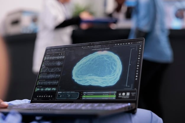 A brain scan illustrating heightened activity in areas associated with focus and reduced activity in areas associated with stress. The image is in a scientific style with labels and annotations highlighting the key brain regions affected by mindfulness.